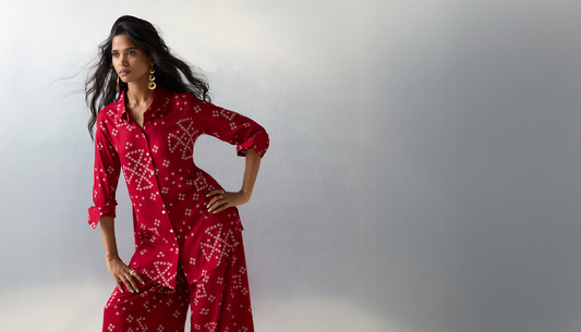Woman in red festive outfit celebrating Karwa Chauth with Westside collection