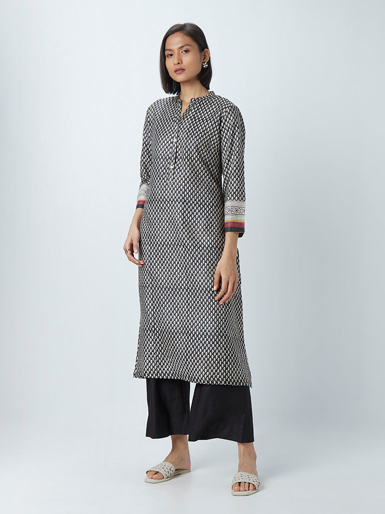 Zuba Black A-Line Geometrical Pattern Kurta