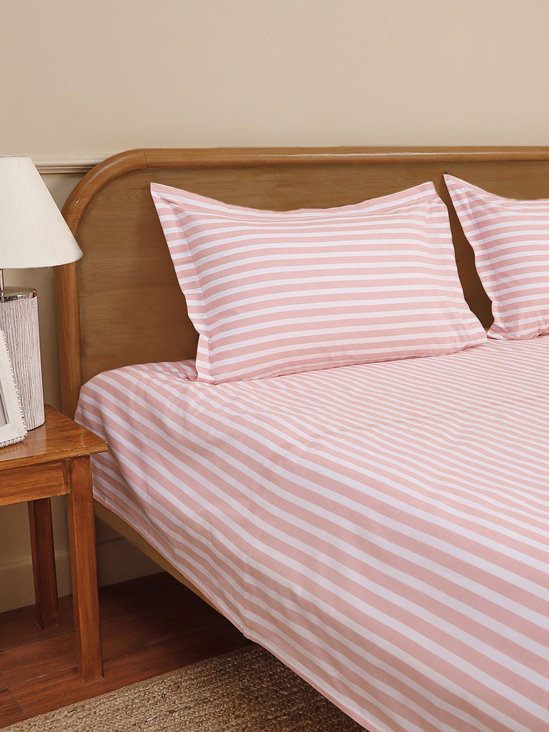 Westside Home Peach Stripe Printed King Bed Flat sheet and Pillowcase Set