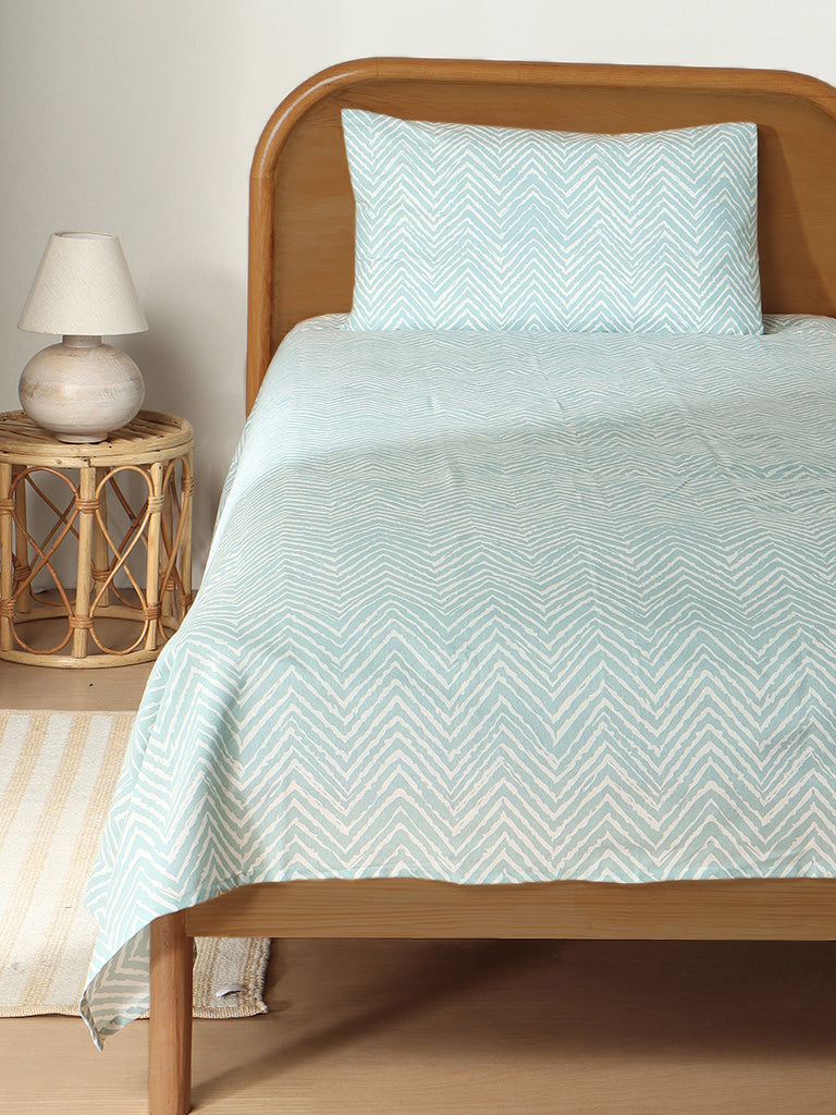 Westside Home Aqua Chevron Printed Single Bed Flat sheet and Pillowcase Set