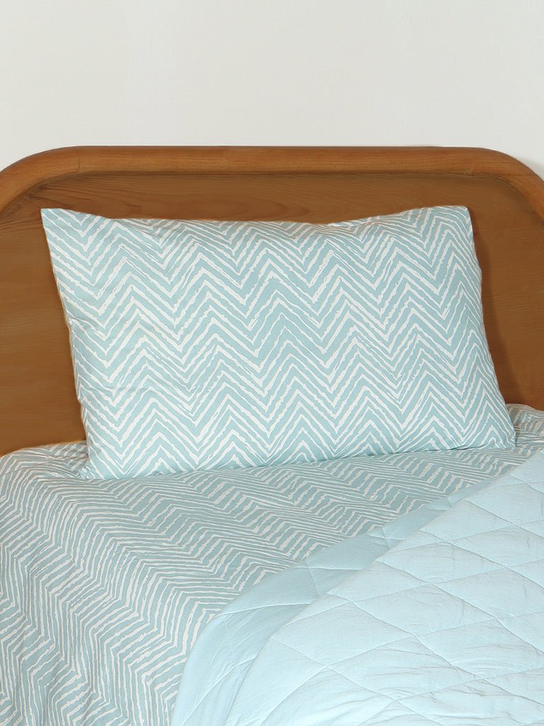 Westside Home Aqua Chevron Printed Single Bed Flat sheet and Pillowcase Set