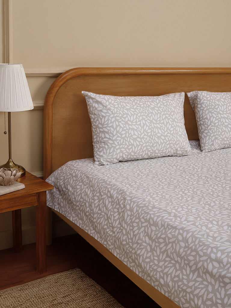 Westside Home Mint All Leaves Printed Double Bed Flat sheet and Pillowcase Set
