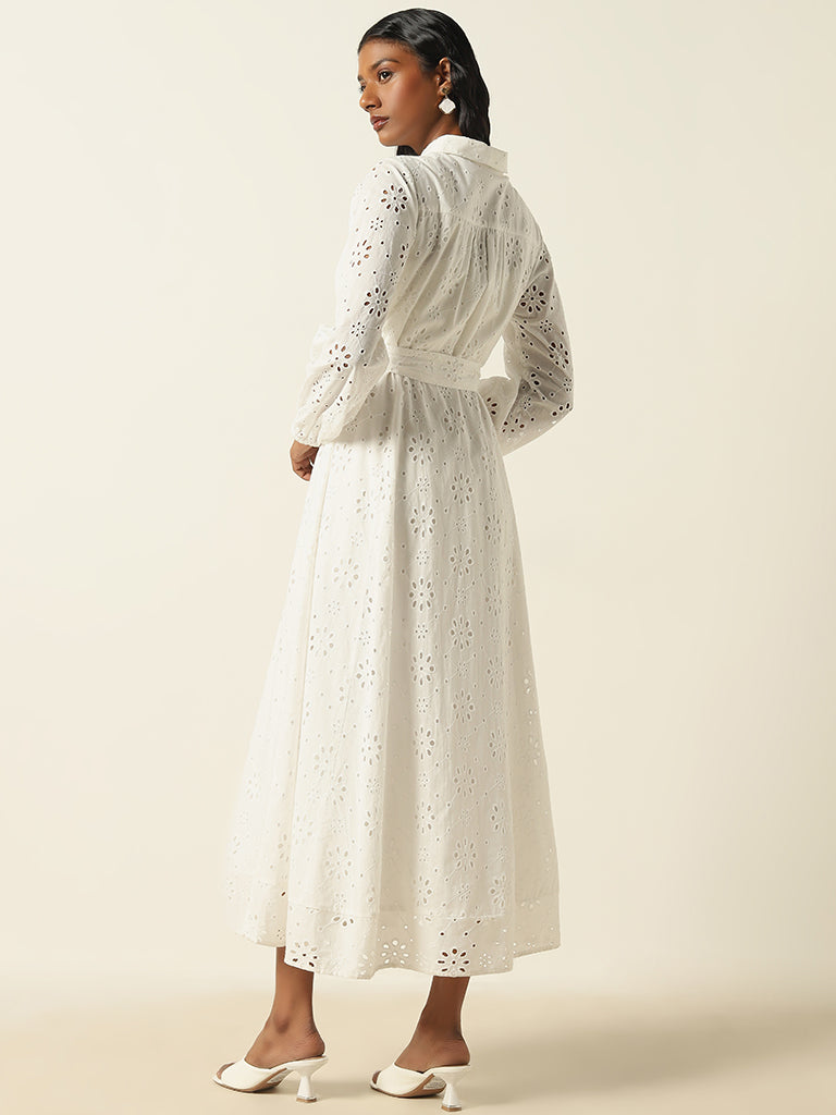 LOV White Schiffli Shirt Cotton Dress with Belt