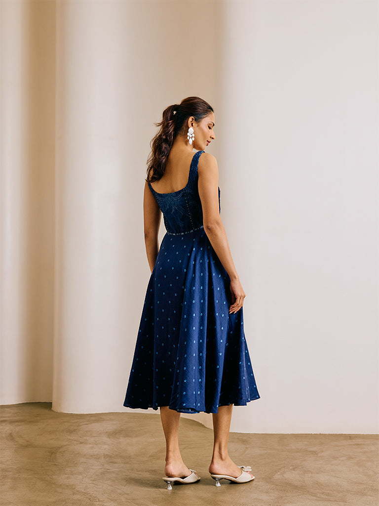 Bandhani Print Midi Dress - Blue