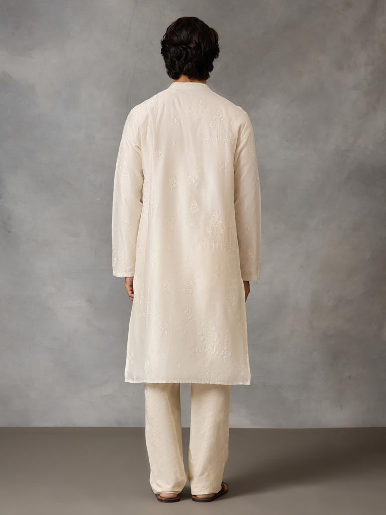 Self-Embroidered Kurta Set - Off White