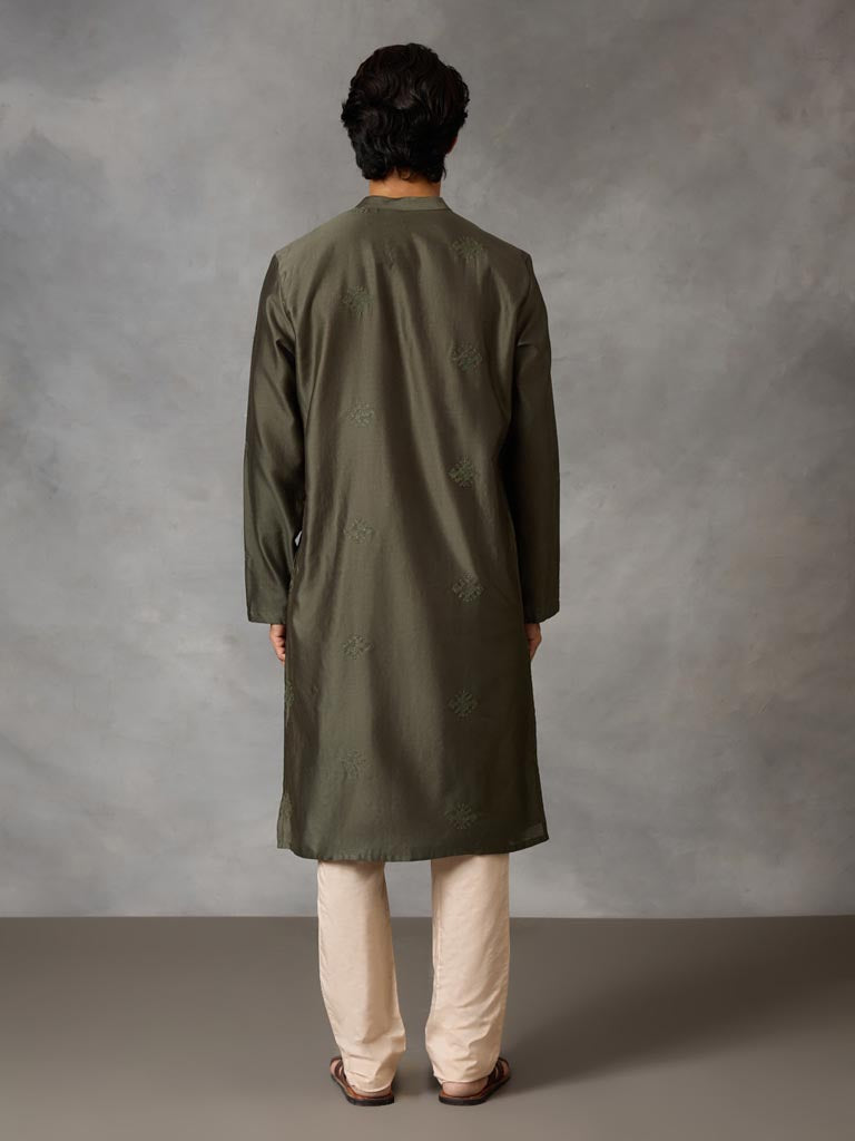Panelled Pleat Kurta Set - Olive