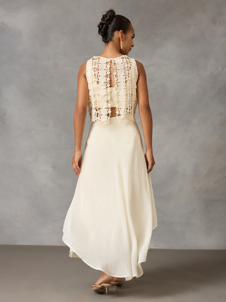Lace Crop Top with Asymmetric Skirt – White