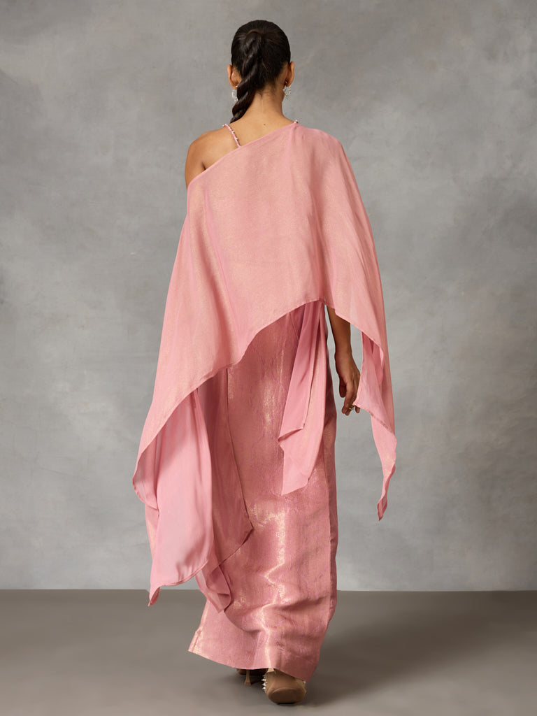 Sheer Top with Bustier and Jaquard Skirt - Pink