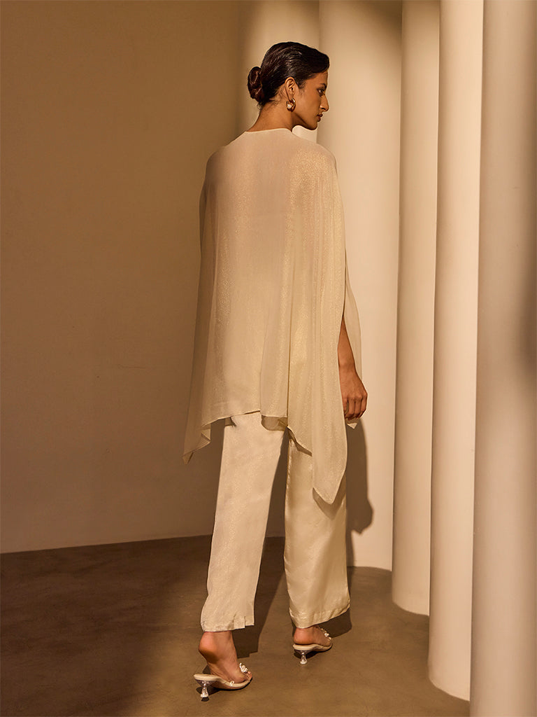 Embellished Cape Top with Camisole – Cream