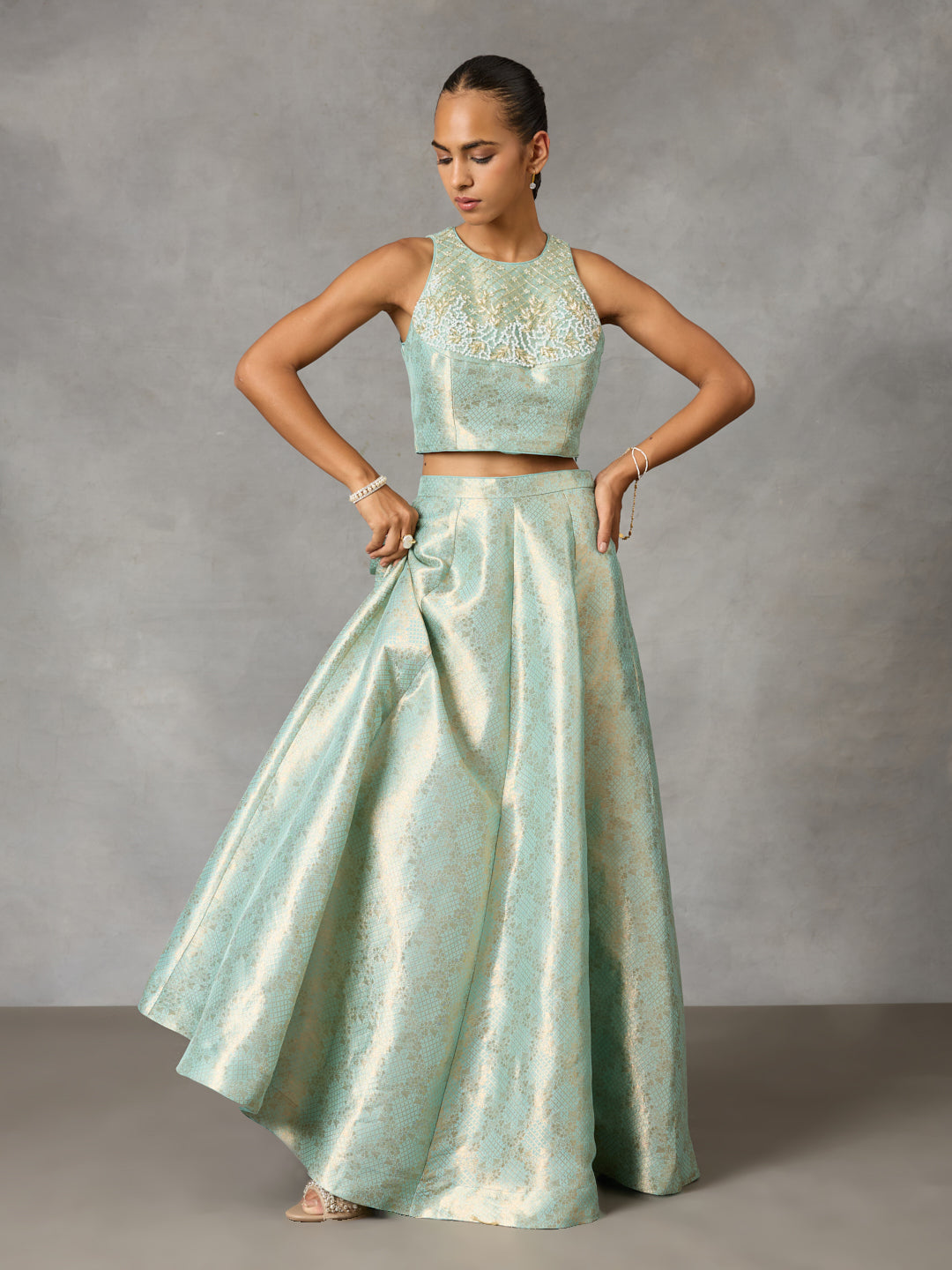Embroidered Jacquard Blouse with Circular Skirt – Blue