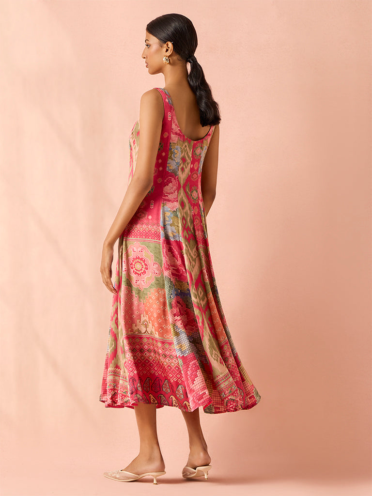 Patchwork Printed Midi Dress – Pink