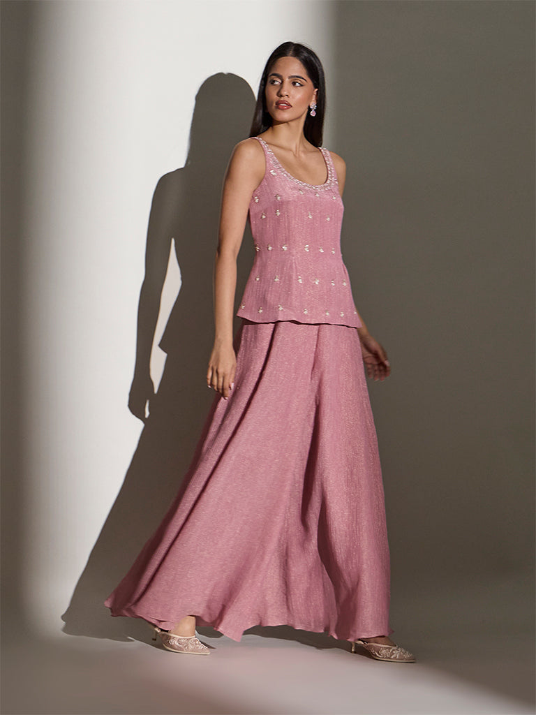Wide-Leg Textured Palazzos - Pink