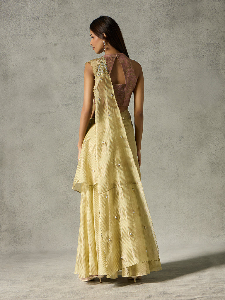 Embellished Saree with Detachable Pallu - Gold