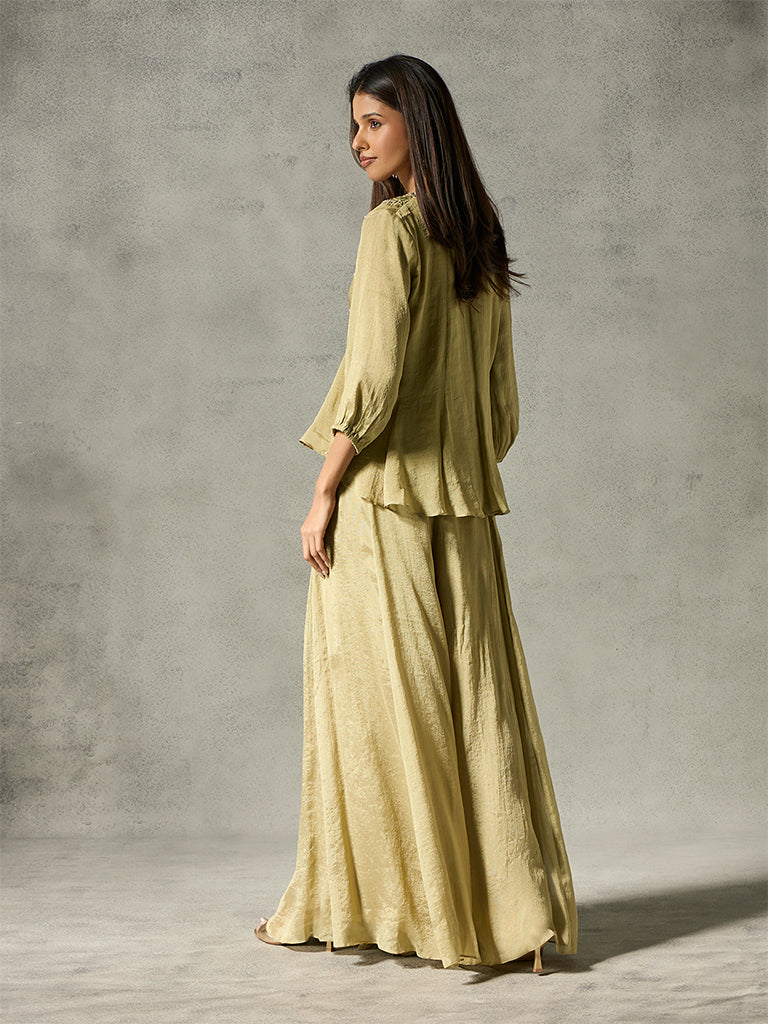 Embellished Kurta with Palazzos - Olive