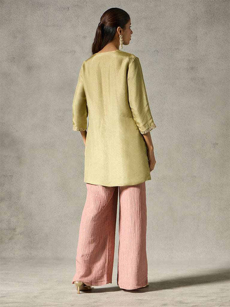 Embellished Kurta with Crushed Tissue Pants - Olive