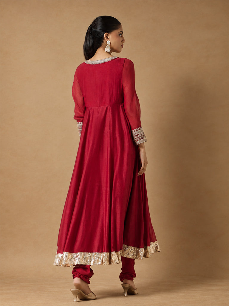 Flared Anarkali Kurta Set with Dupatta – Red