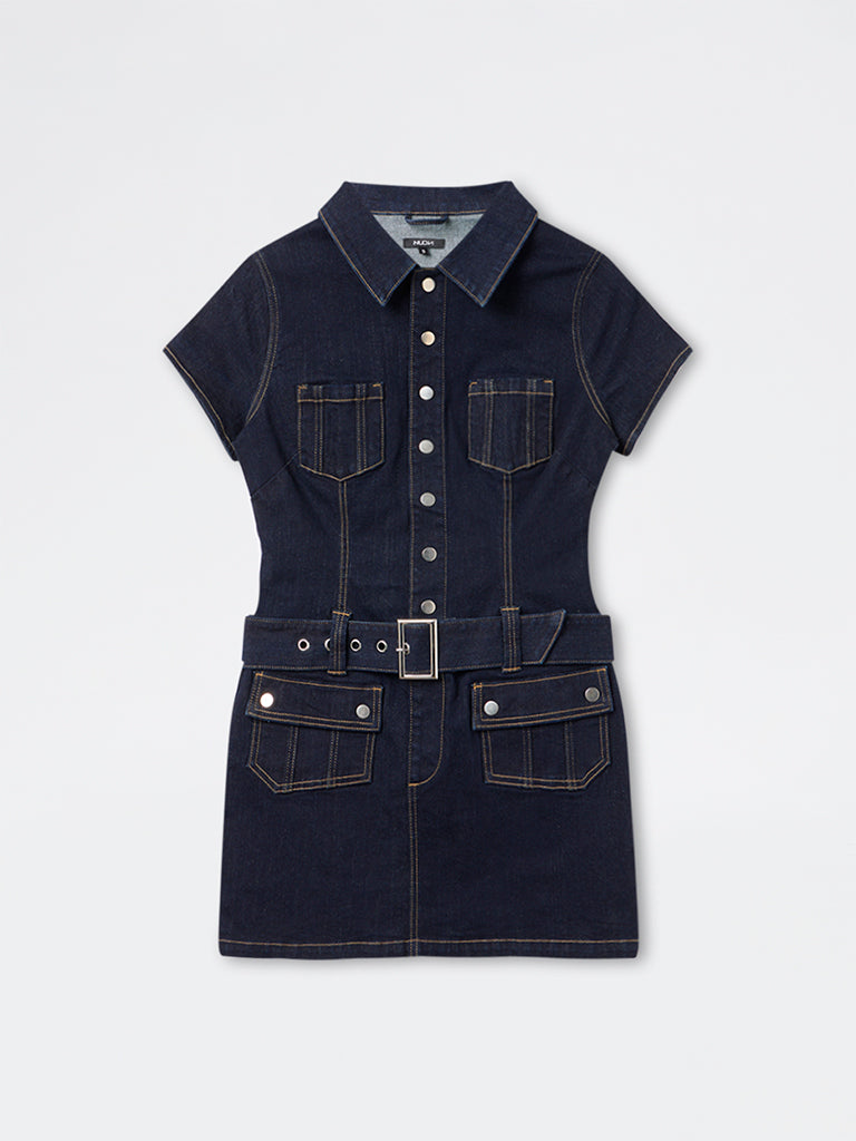 Nuon Dark Blue Structured Denim A-Line Dress with Belt