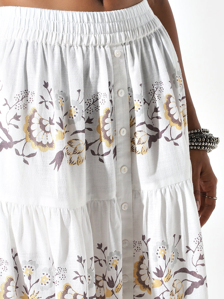 Bombay Paisley White A-Line Printed Cotton Tiered Skirt