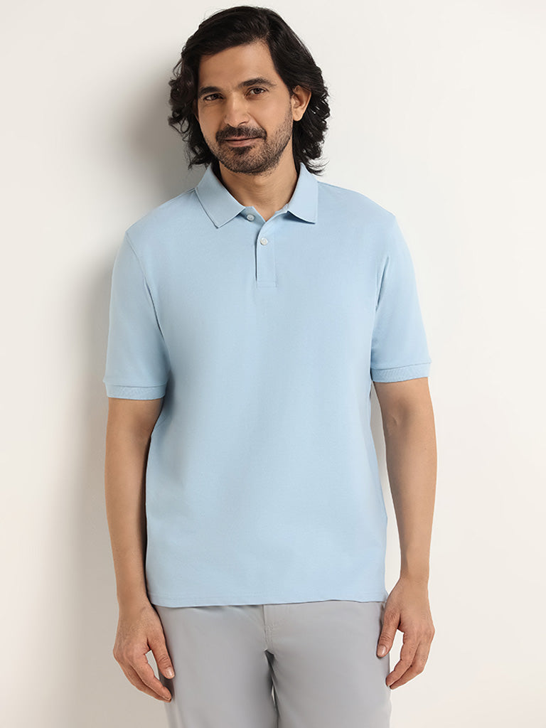 Buy WES Casuals Light Blue Cotton Blend Relaxed Fit Polo T Shirt from Westside