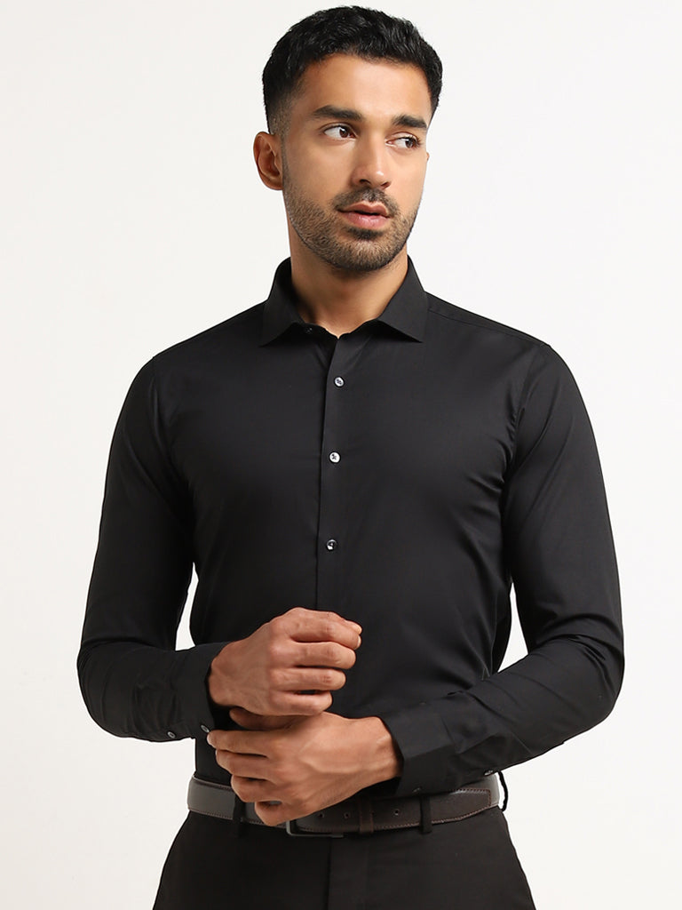 Westside WES Formals Men's Black Cotton-Blend Ultra-Slim Fit Shirt for Work Wear Front View