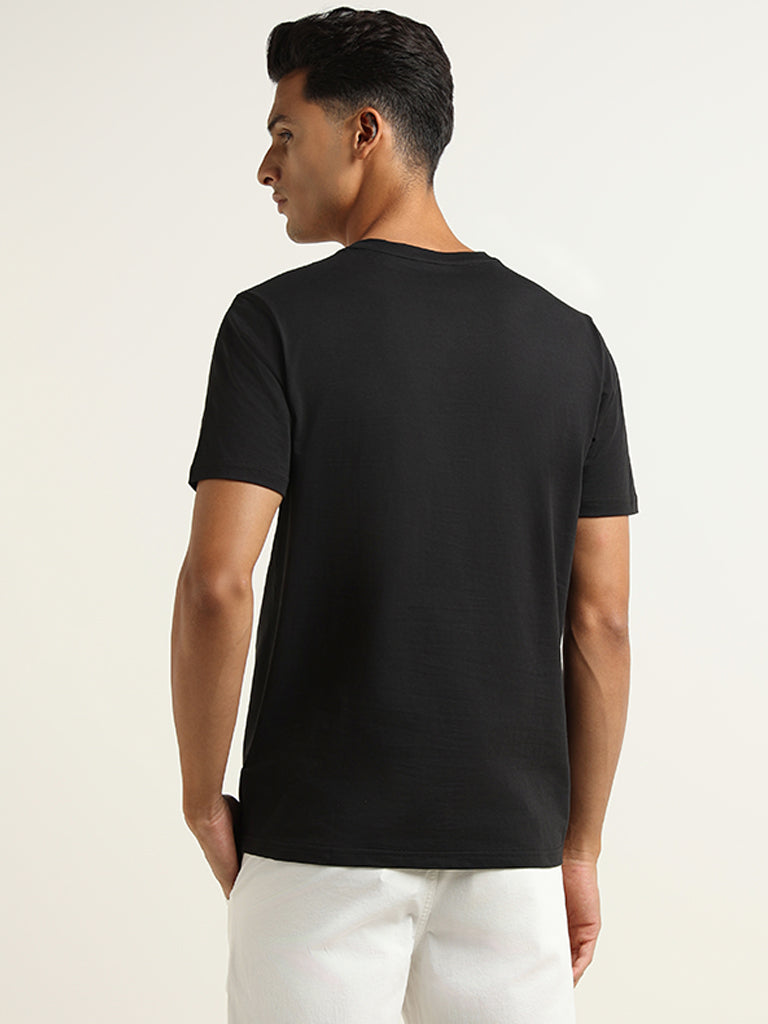 Westside WES Casuals Men's Black Plain Cotton-Blend Relaxed-Fit T-Shirt for Casual Wear Back View