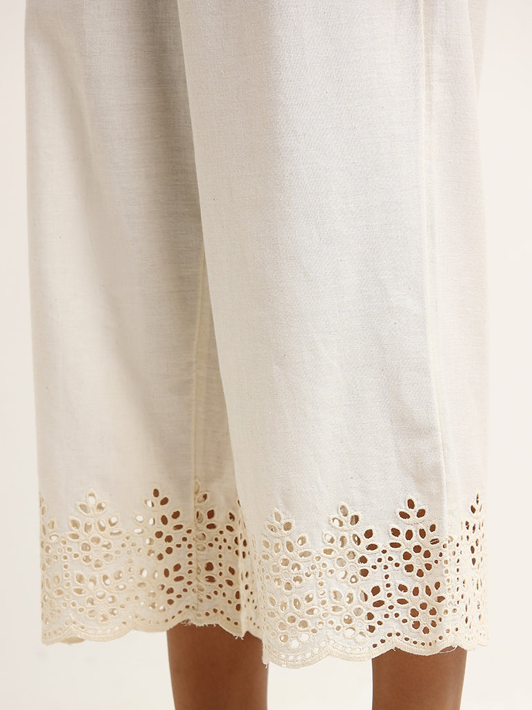 Utsa Off-White Crochet-Detailed Blended Linen Palazzos