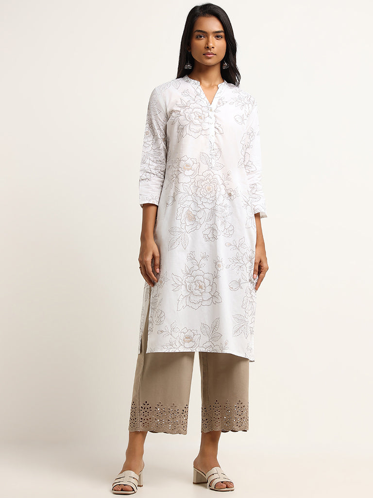 Utsa Taupe Crochet Detailed Cotton-Blend Palazzos