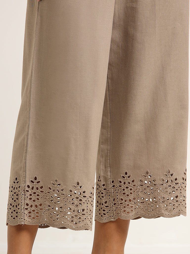 Utsa Taupe Crochet Detailed Cotton-Blend Palazzos