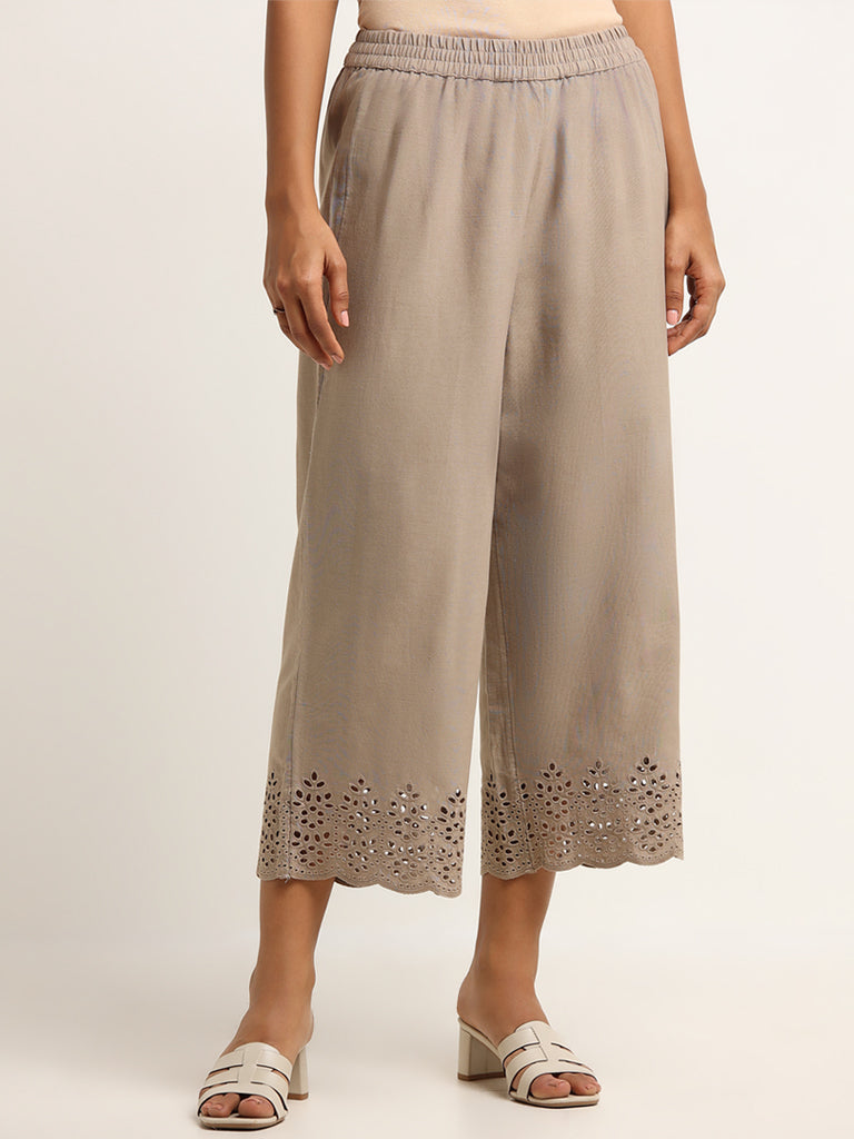 Utsa Taupe Crochet Detailed Cotton-Blend Palazzos