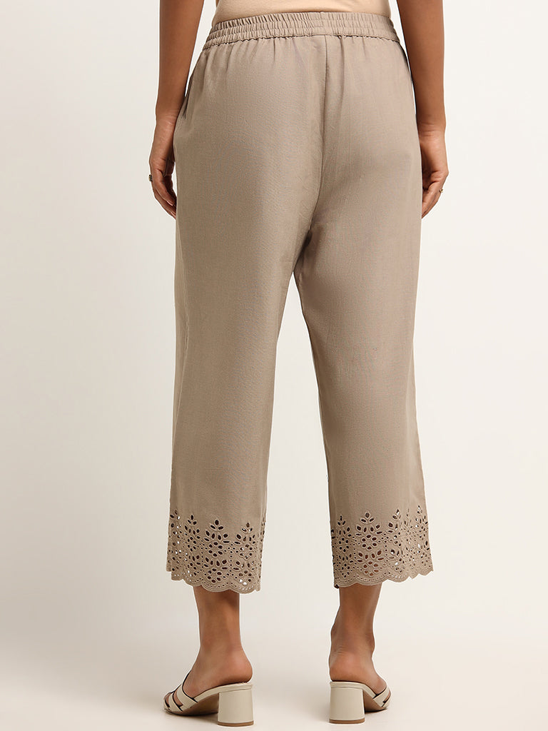 Utsa Taupe Crochet Detailed Cotton-Blend Palazzos