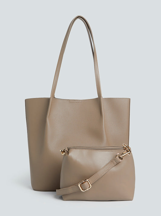 LOV Taupe Tote Bag With Pouch