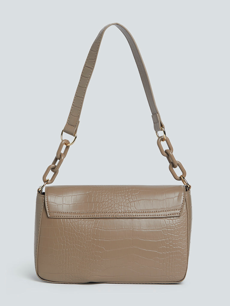 LOV Taupe Croc-Textured Shoulder Bag