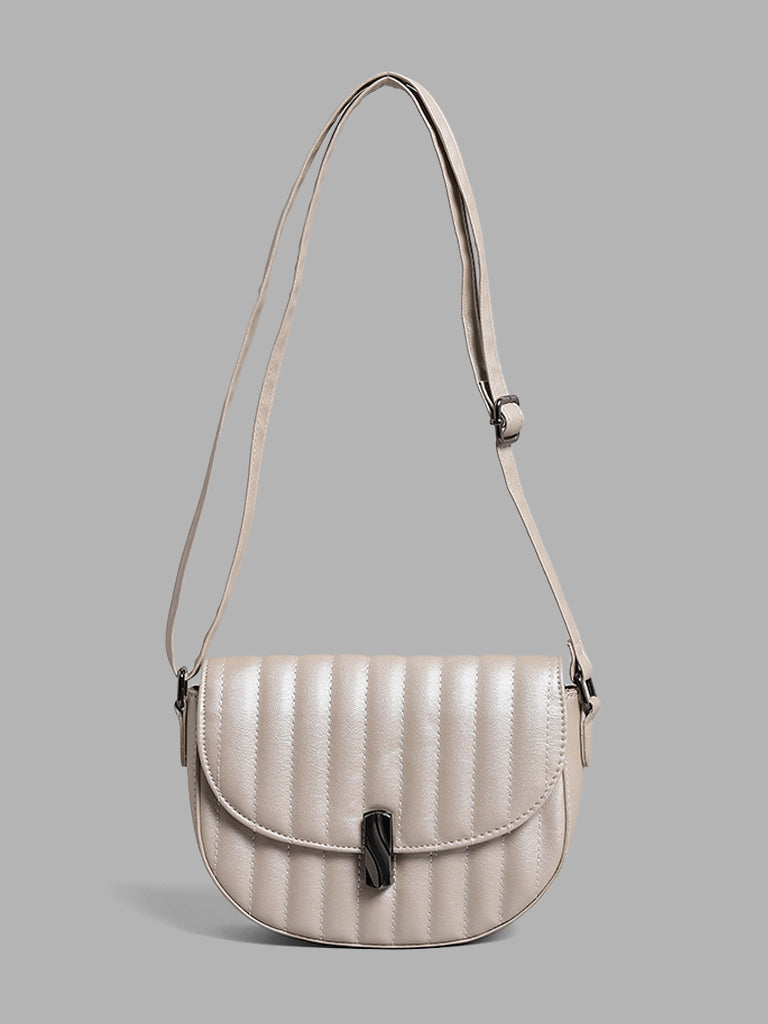 LOV Light Beige Quilted Half Moon Sling Bag