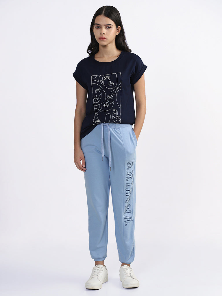 Studiofit Printed Powder-Blue Ankle Length Track Pants