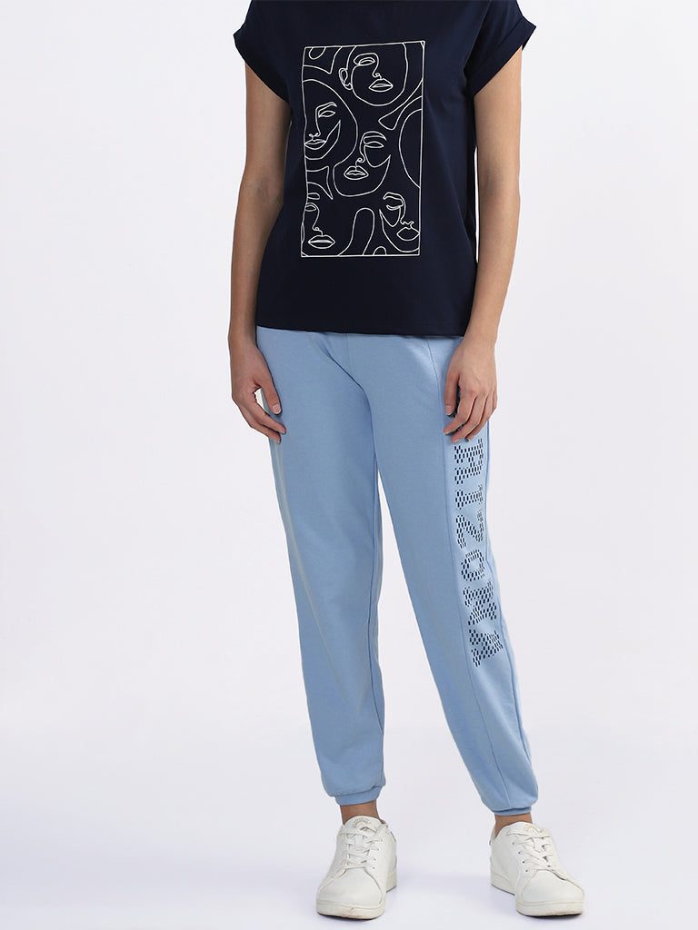 Studiofit Printed Powder-Blue Ankle Length Track Pants