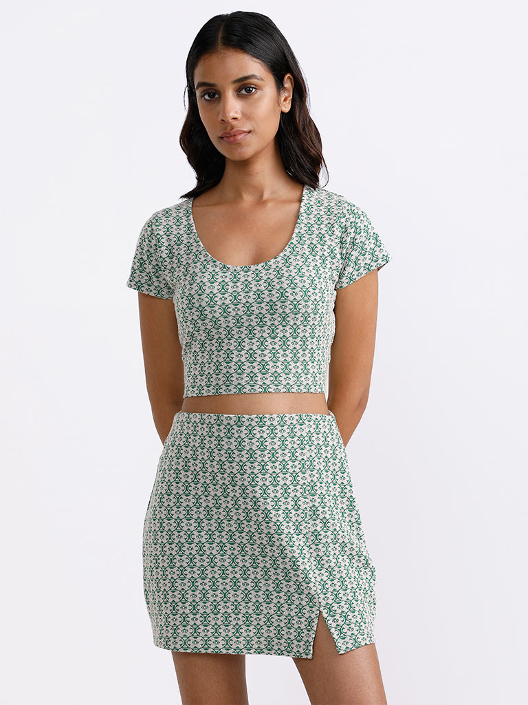 Nuon Forest Green Printed Crop Top