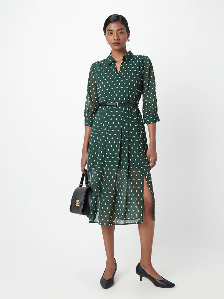 Buy Wardrobe Dark Green Polka-Dot Dress With belt from Westside