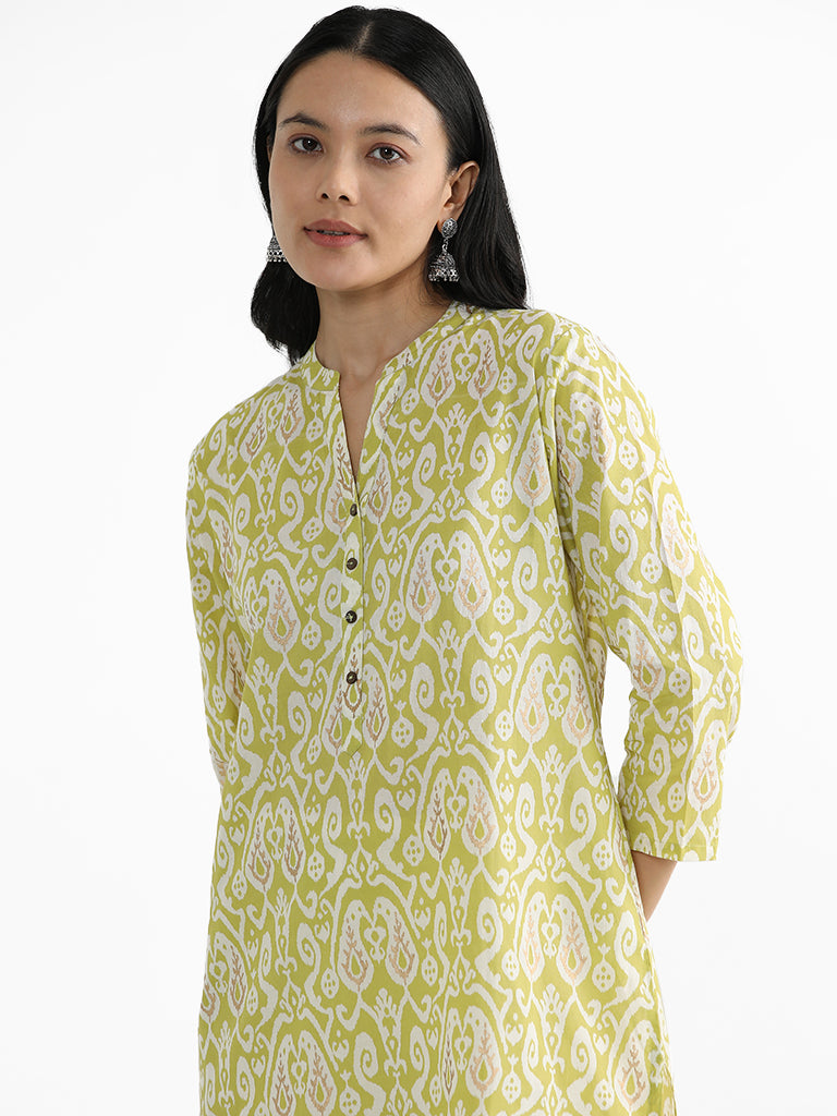 Utsa Lime Ikat Print Cotton Straight Kurta