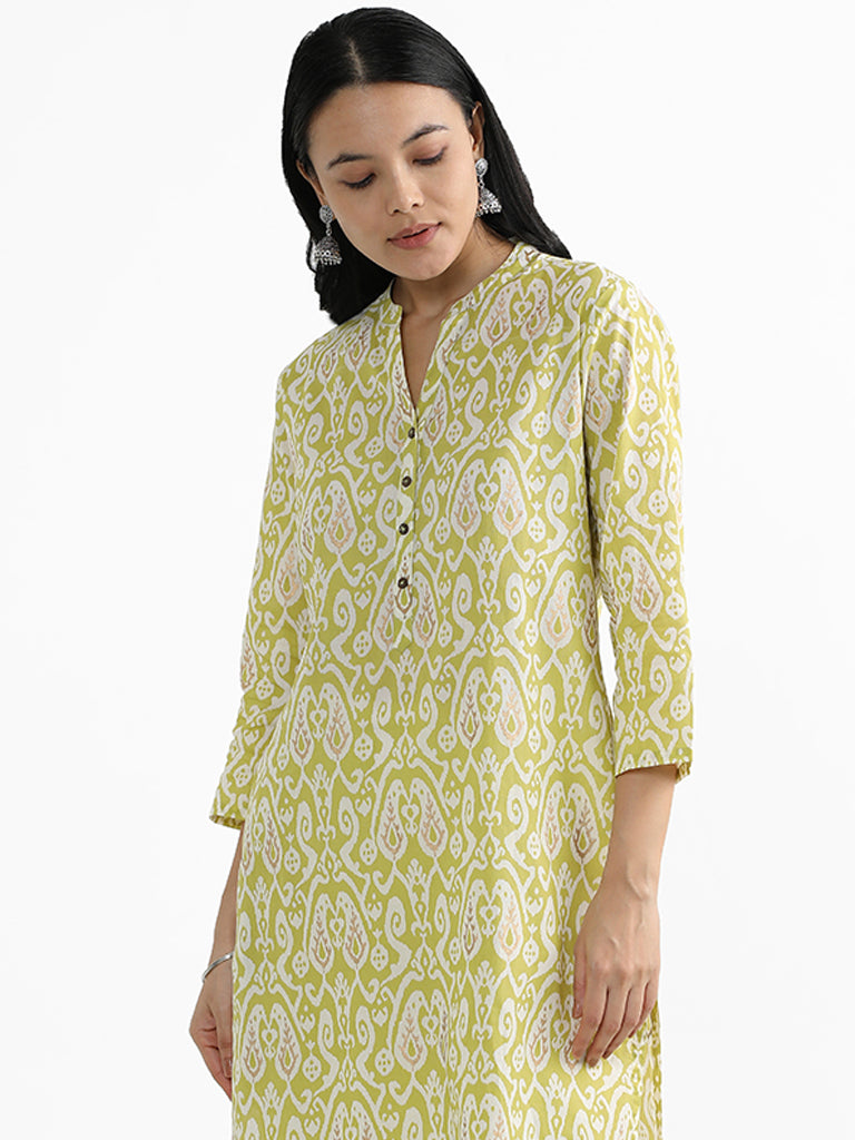 Utsa Lime Ikat Print Cotton Straight Kurta