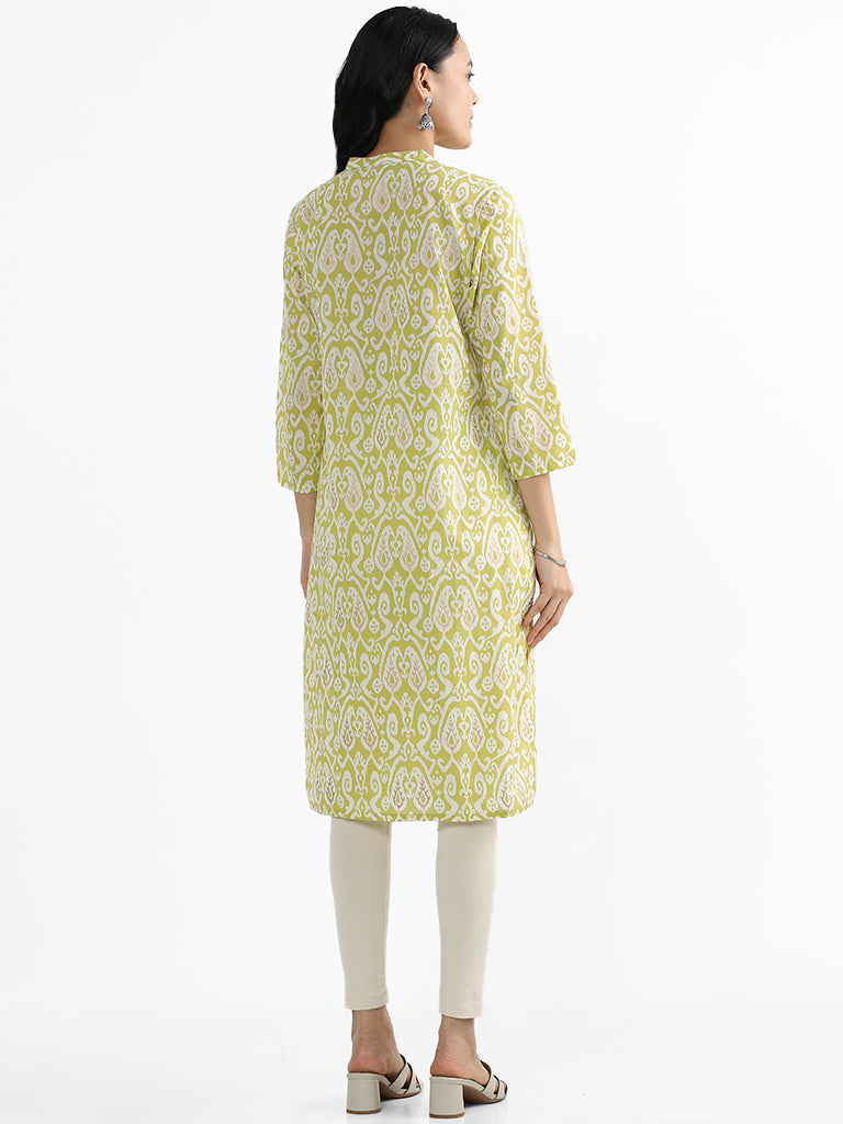 Utsa Lime Ikat Print Cotton Straight Kurta