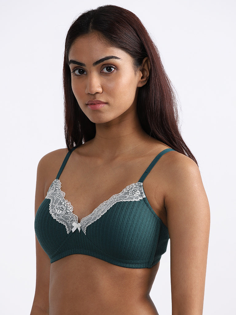 Wunderlove Self-Striped Dark Green Bra