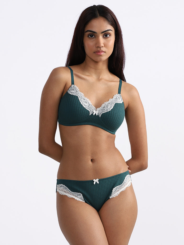 Wunderlove Self-Striped Dark Green Bra