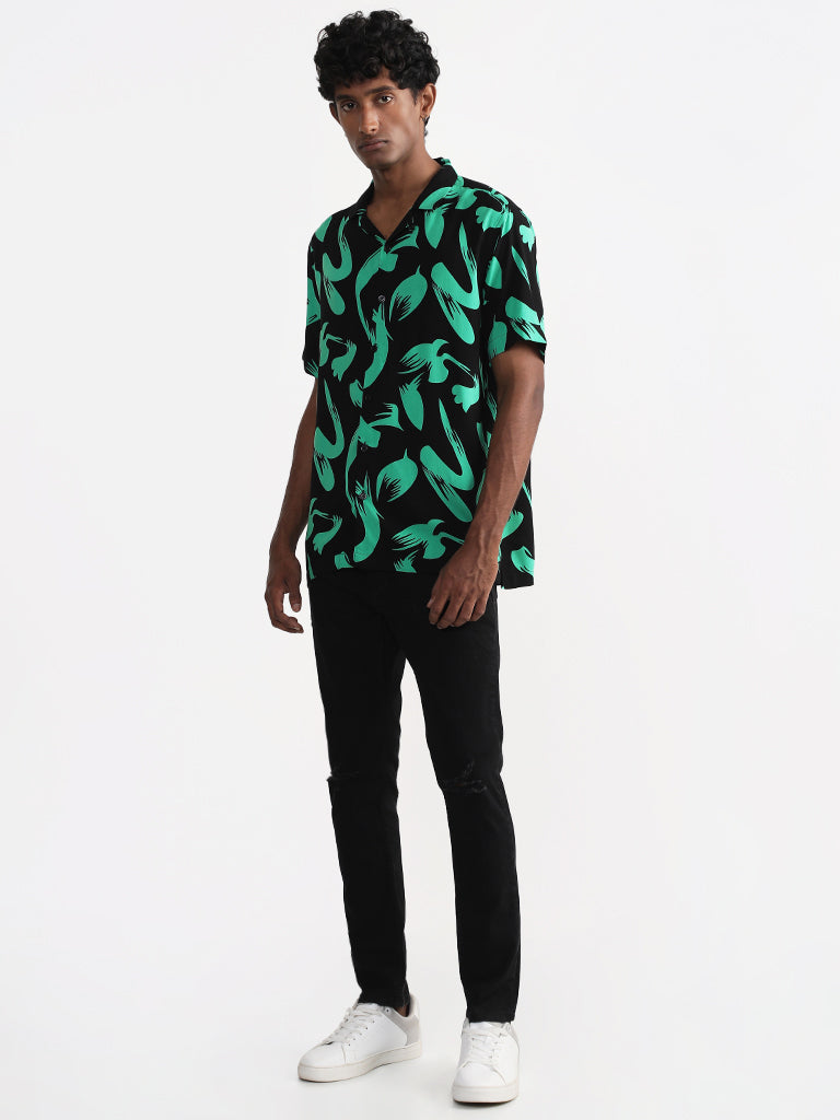 Nuon Printed Black Relaxed-Fit Shirt