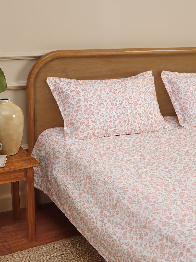 Westside Home Peach Ditsy Floral Printed Double Size Bed Flat Sheet With Pillowcase Set