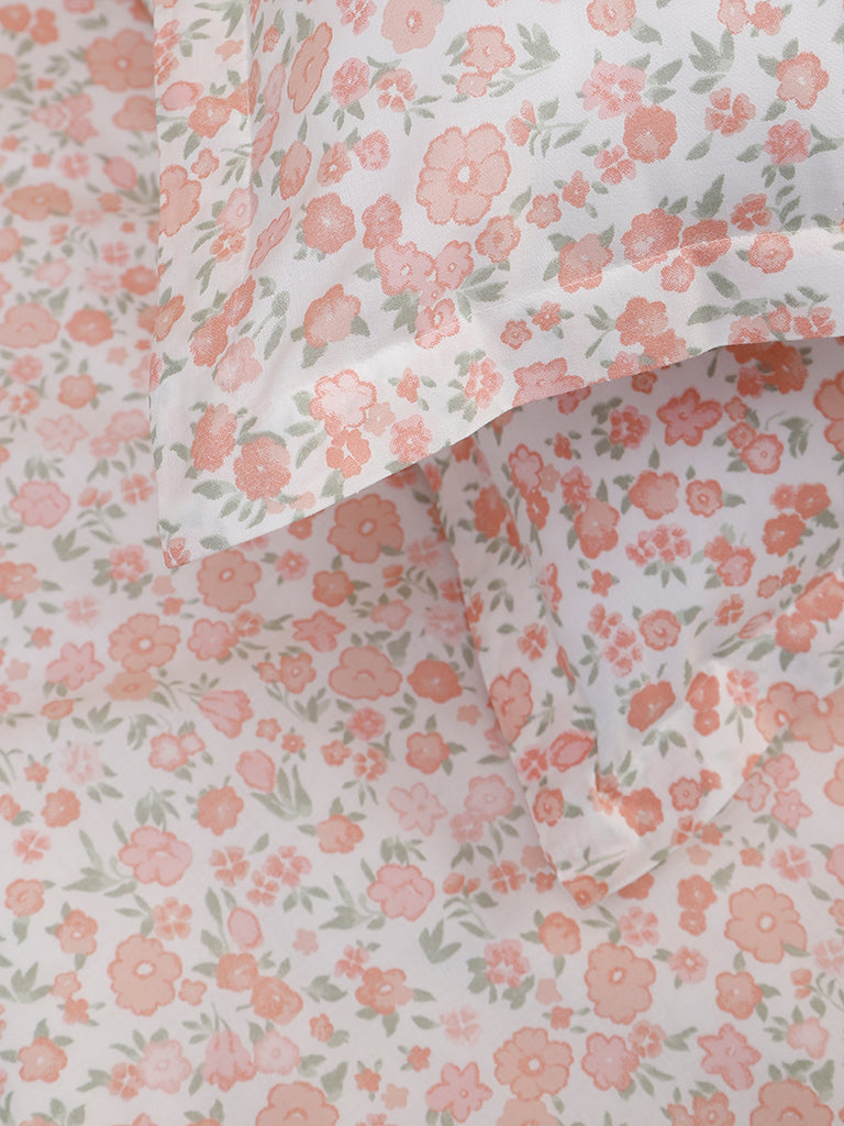 Westside Home Peach Ditsy Floral Printed Double Size Bed Flat Sheet With Pillowcase Set