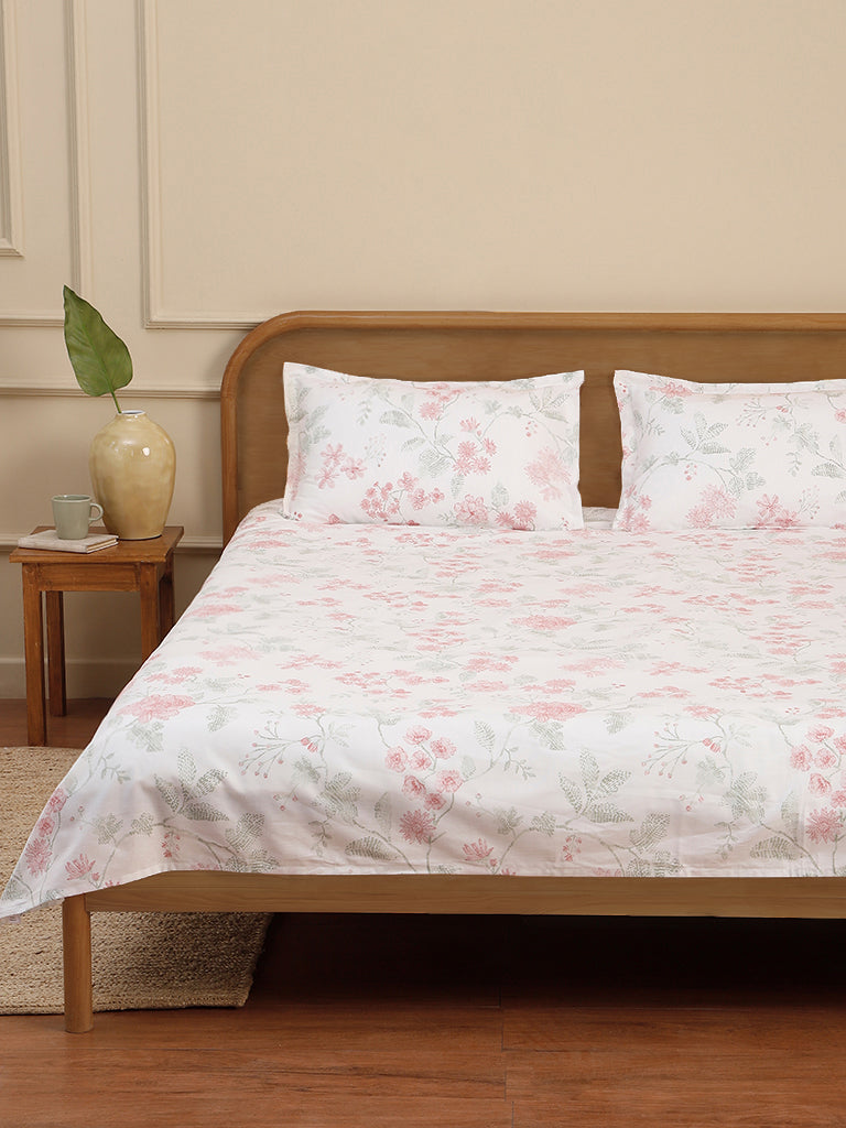 Westside Home Mellow Rose Floral Printed Double Size Bed Flat Sheet With Pillowcase Set