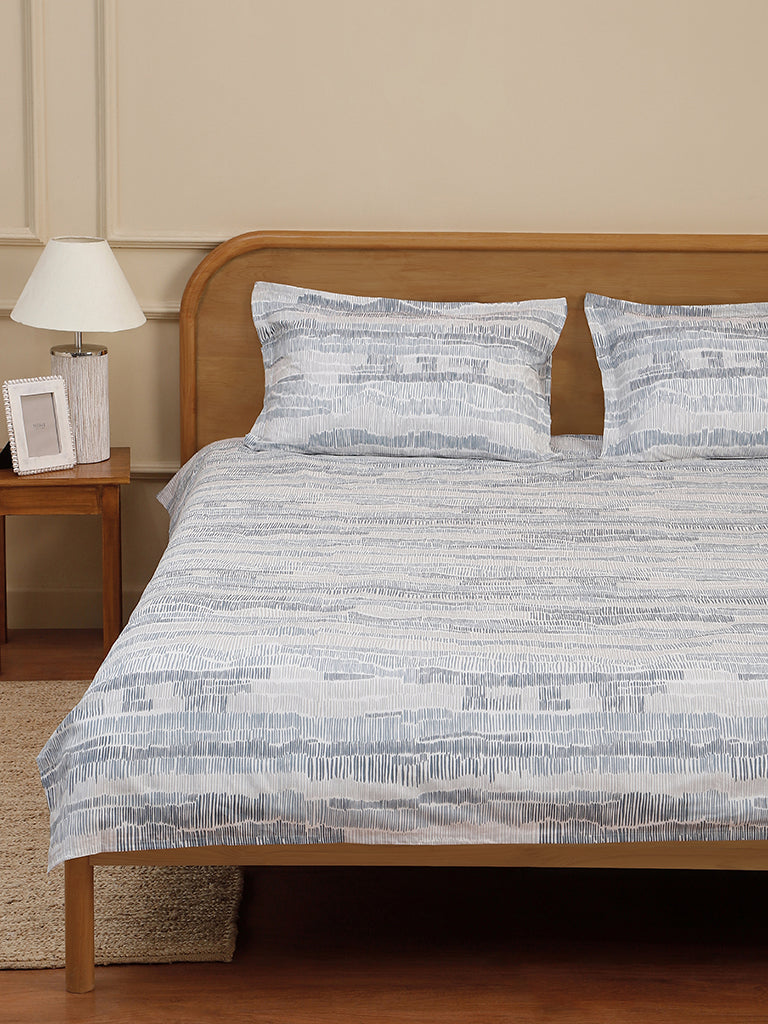 Westside Home Grey Abstract Line Printed Double Size Bed Flat Sheet With Pillowcase Set