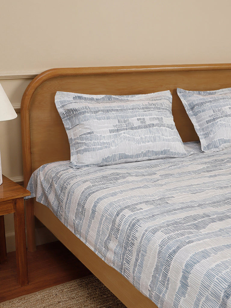 Westside Home Grey Abstract Line Printed Double Size Bed Flat Sheet With Pillowcase Set