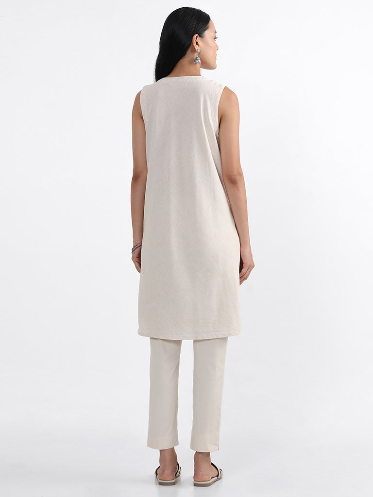 Utsa Off-White Mirror Embroidered Cotton Kurta