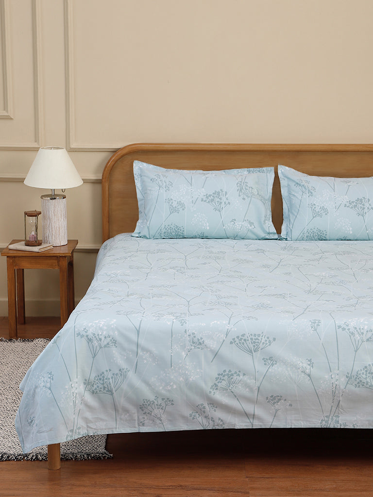 Westside Home Aqua Dandelion Printed Double Bed Flat sheet and Pillowcase Set